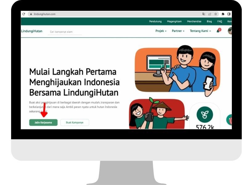 Halaman utama LindungiHutan yang diakses dari laptop.