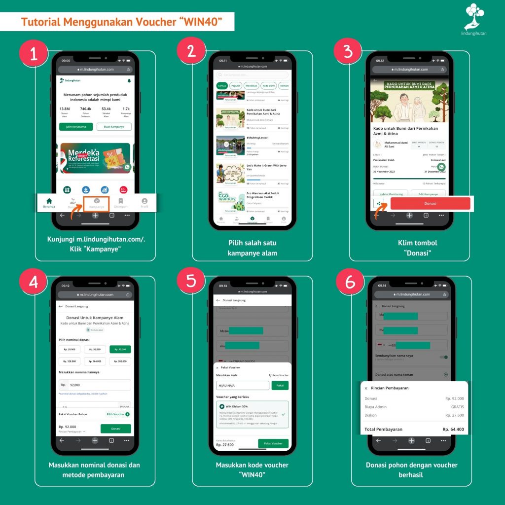 Tutorial pakai voucher "WIN40" di LindungiHutan.