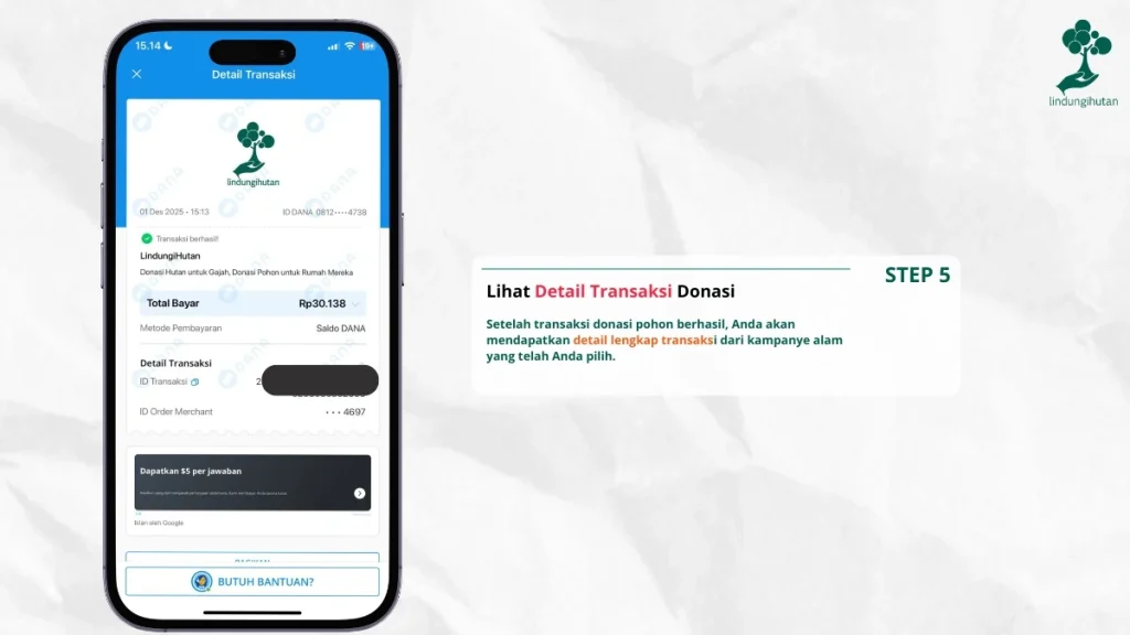 detail transaksi donasi lindungihutan di dana